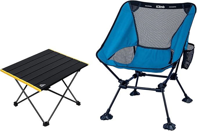 iClimb 1 Anti-Sinking Large Feet Chair and 1 Folding Table Bundle, Ultralight Compact for Single Adult Outdoor Backpacking...