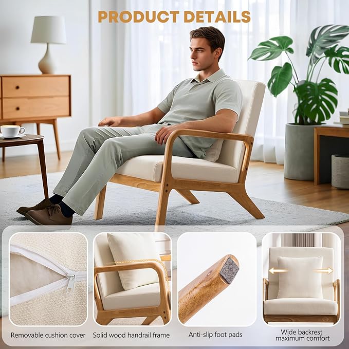 ELUCHANG Mid-Century Modern Accent Chair with Lumbar Pillow,Upholstered Armchair,Linen Fabric Comfy Reading Chair, Lounge Side Chair for Living Room Bedroom Apartment,Easy Assembly