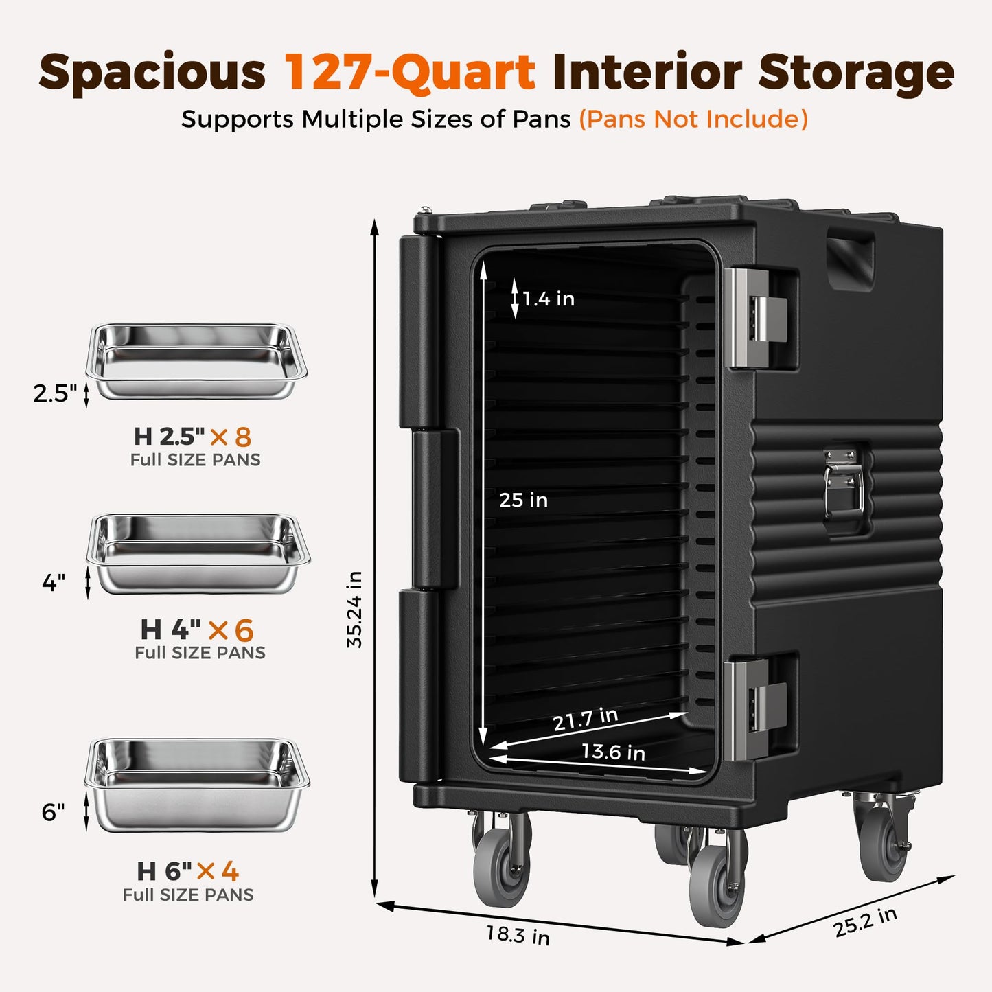 CAMMOO 127QT Non-Electrical Catering Food Warmers with Casters, 304 Stainless Steel Latch & Door Shaft, Insulated Food Carrier for 8 Full-Size Pans(NOT Included), Food Warmer Hot Boxes for Catering