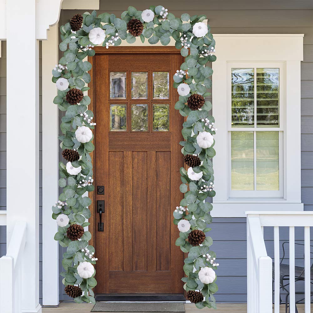 Winlyn White Pumpkin Garland Artificial Eucalyptus with White Pumpkins Pinecones Berries Fall Foliage for Wedding Arch Backdrop Thanksgiving Table Runner Farmhouse Decor 6' Long