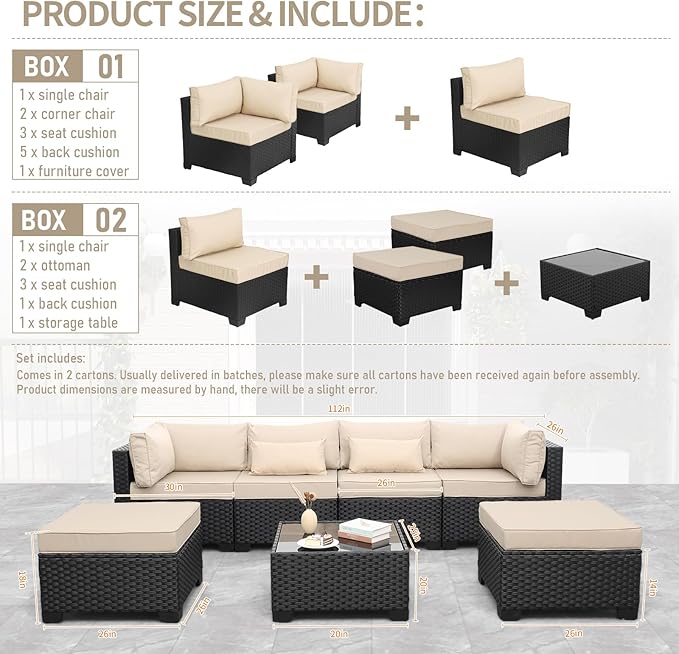 Lviden 7 Pieces Outdoor PE Wicker Furniture Set Patio Rattan Sectional Conversation Sofa Set with Khaki Cushions and Glass Top Table