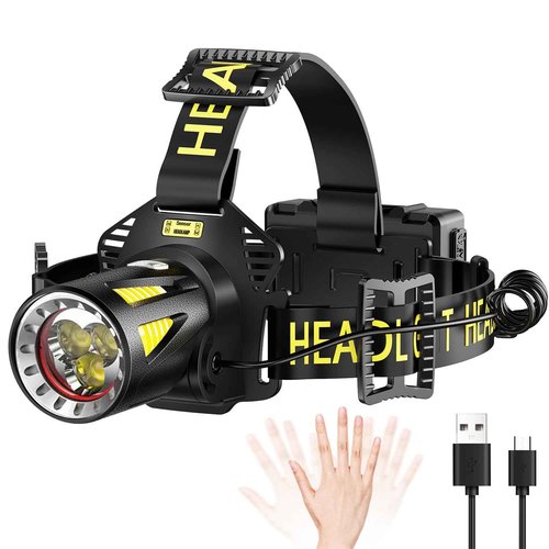 MAXME100® Triple-Beam High-Power Rechargeable Headlamp 5700K with Motion Sensor, Rechargeable LED Head Light, Waterproof Headlamp for Camping, Hiking, Hunting