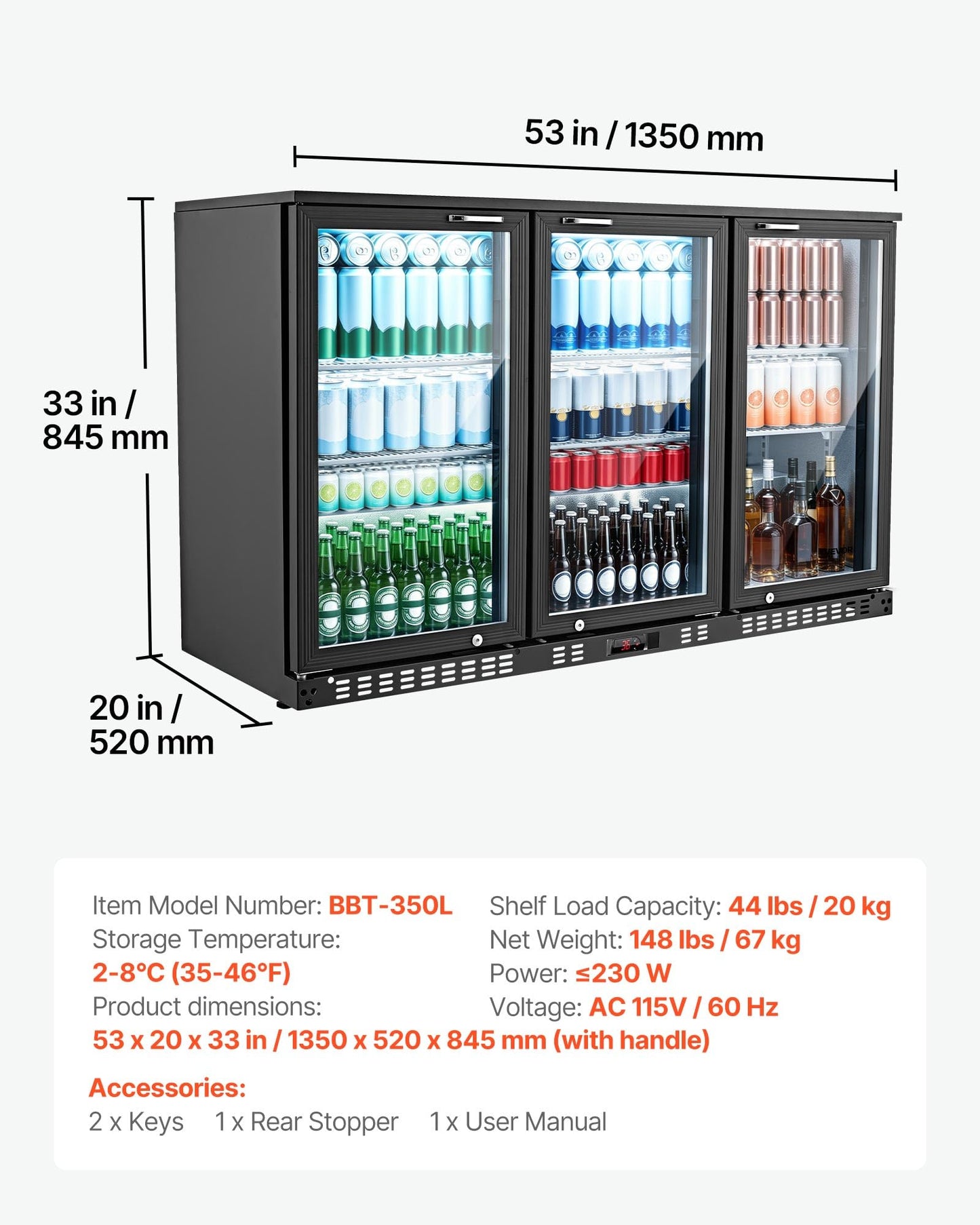 VEVOR Back Bar Cooler, 11.4 Cu.Ft Commercial Beverage Refrigerator with 3 Glass Door, Large Under Counter Fridge w/LED Lighting, Shelf, Low-E Glass Display Cooler for Store, Lobby, Restaurant, Pub