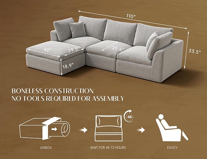 ohllob 110" Cloud Sectional Couches for Living Room, Boneless L-Shape Couch with Ottoman, 3 Seater Modular Sectional Sofa, Light Grey