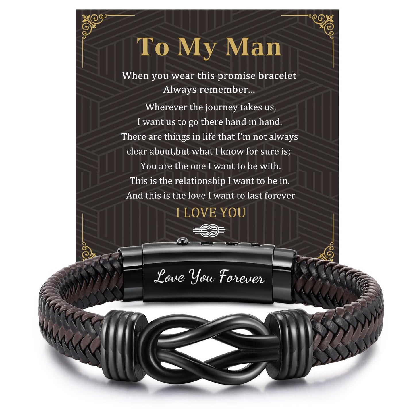 MEALGUET to My Man Bracelets Gifts- Brown Braided Leather Infinity Knot Bracelets Engraved Letter Love You Forever for Husband from Wife Birthday Christmas