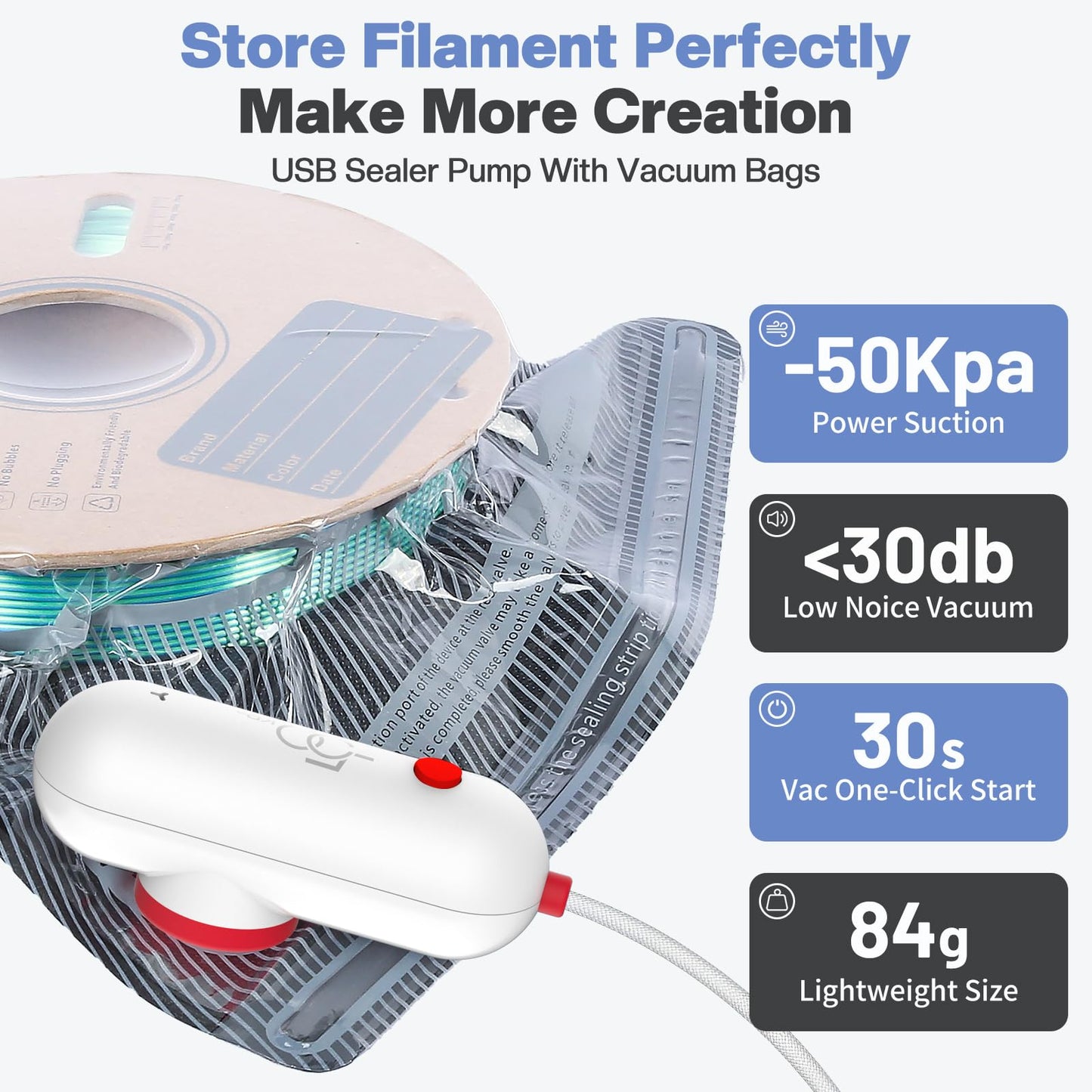 Vacbird Filament Vacuum Storage Kit with USB Pump, 20 Pack Light-Proof Vacuum Sealed Bags for 3D Filament, Spool Sealing for Keeping Dry and Clean (12.6 * 13.38 in)