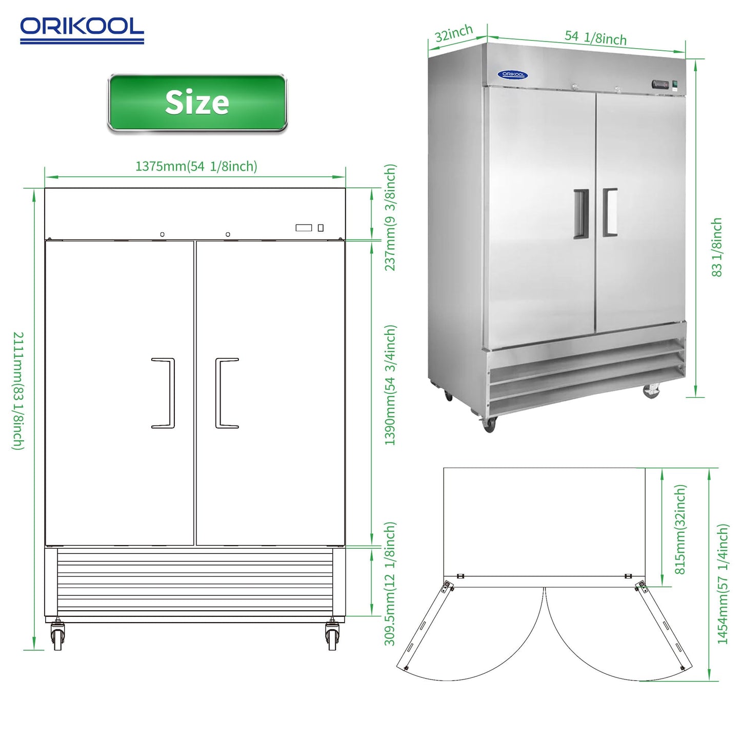 ORIKOOL 54" W Commercial Reach-In Upright Refrigerator - Double Doors Stainless Steel Fridge, 49 Cu.ft Capacity, 6 Adjustable Shelves, Auto Defrost, Digital thermostat control, LED Lighting