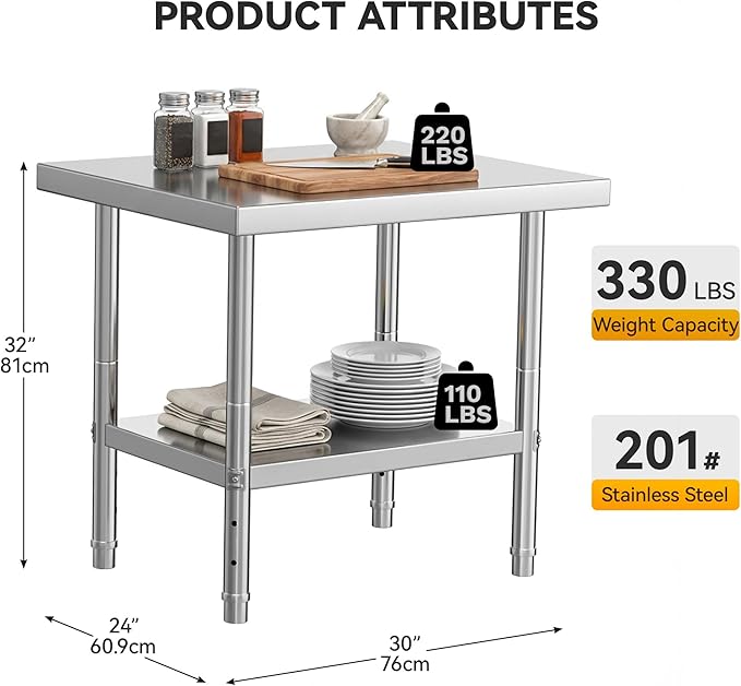 DWVO 30x24in Stainless Steel Table, NSF Metal Prep Worktable with Adjustable Shelf for Kitchen Restaurant Hotel Garage Warehouse Home