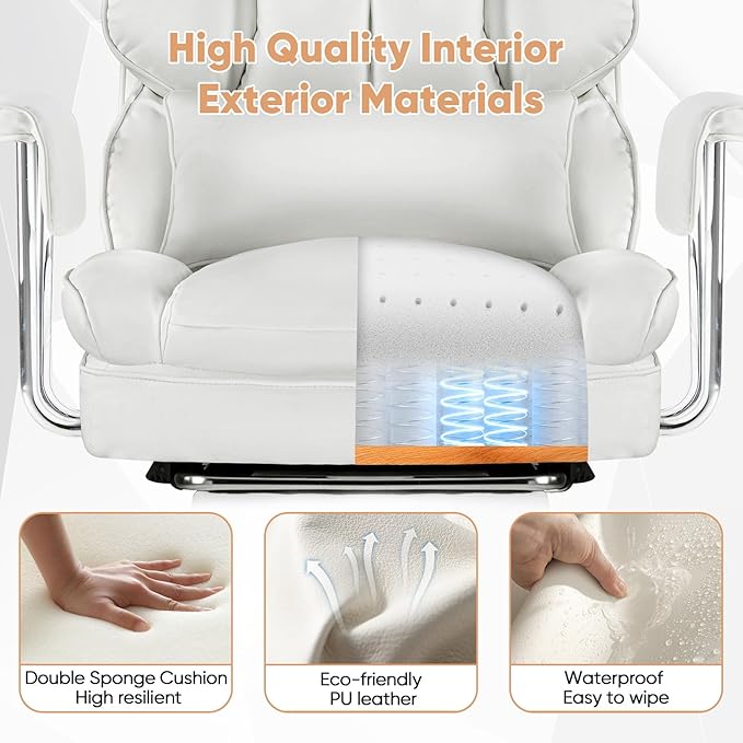 Sweetcrispy Executive Home Office Desk Chair - Ergonomic Big Tall High Back with Footrest & Lumbar Support, Reclining Height Adjustable, Comfy PU Leather Computer Gaming with Swivel Wheels, White