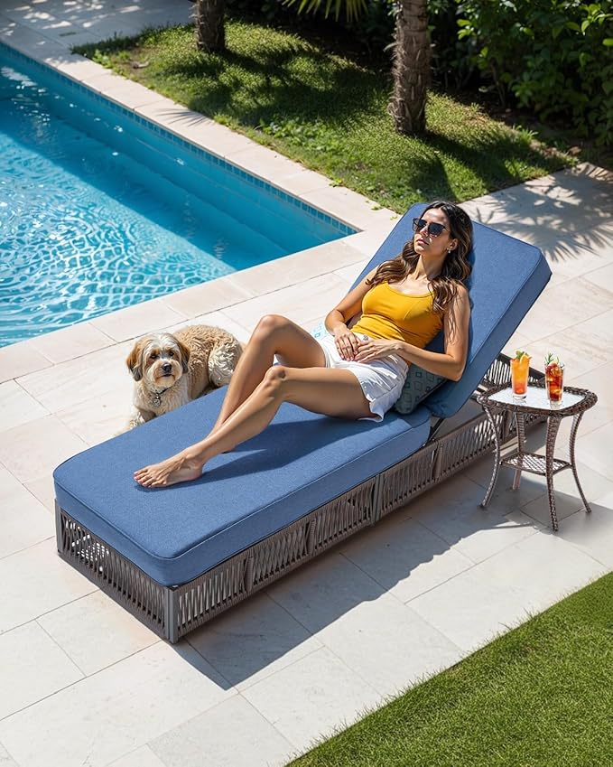 ACTREST Luxury Outdoor Chaise Lounges with 5 Inch Thickened Cushions - Set of 2 High Back Brown Wicker Patio Recliners Rattan Reclining Chairs Porch Poolside Pool Sunbathing Lounger - Navy Blue