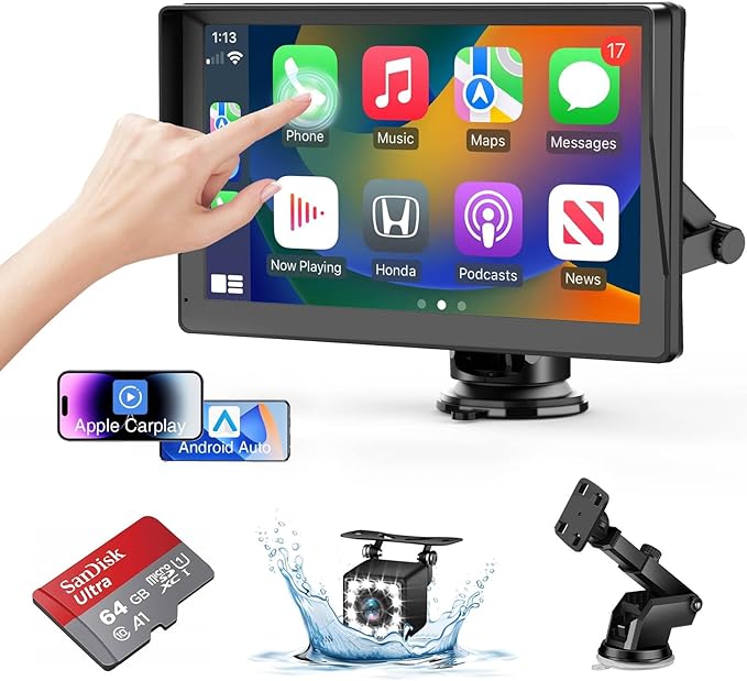 Portable Wireless Carplay Screen for Car Apple Carplay & Android Auto, 9" HD Touch Screen Car Stereo with 1080P Backup Cam...