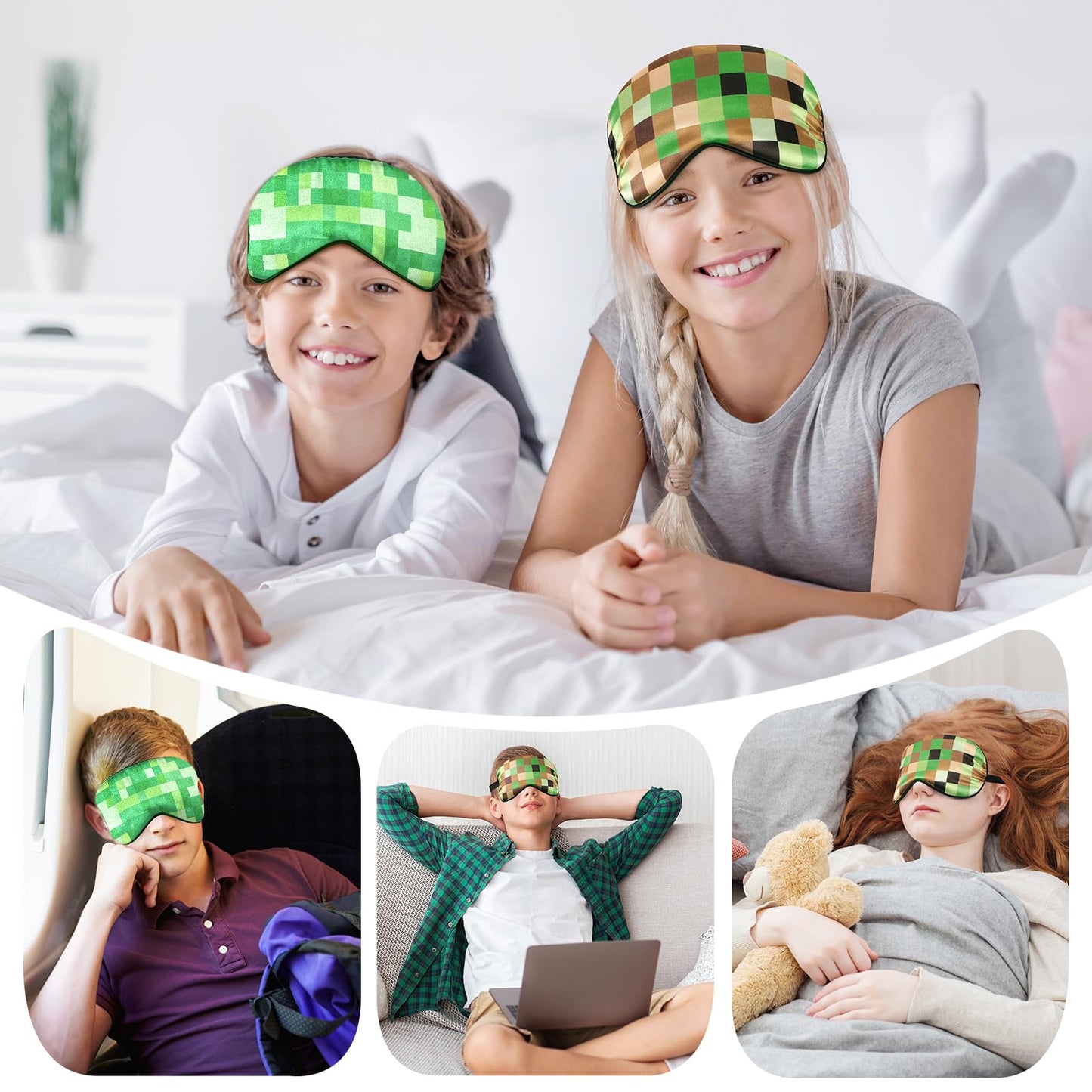 2 Pcs Sleep Mask for Kids Boys, Silk Eye Covers for Sleeping, Adjustable Strap & Light Blocking Design, Adult Children's Bedtime Blindfold for Travel and Home Use (My World)