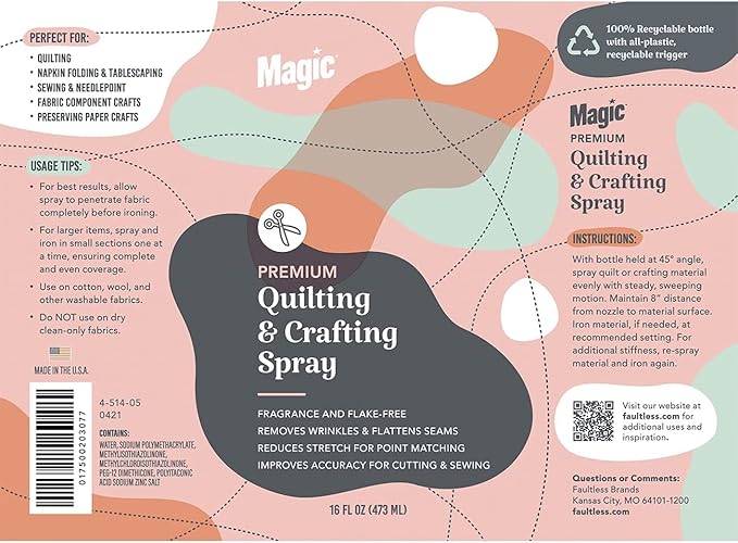 MAGIC Premium Quilting & Crafting Spray Bottle – Fabric Spray for Cutting, Creasing, & Sewing – Best Press Spray Starch for Quilting to Flatten Seams & Wrinkles – Wrinkle Spray (16oz Trigger) 2 Pack