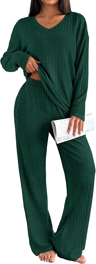 Ekouaer Lounge Sets for Women Long Sleeve Knit Ribbed Pajama Sets 2 Piece Casual Loungewear with Pockets