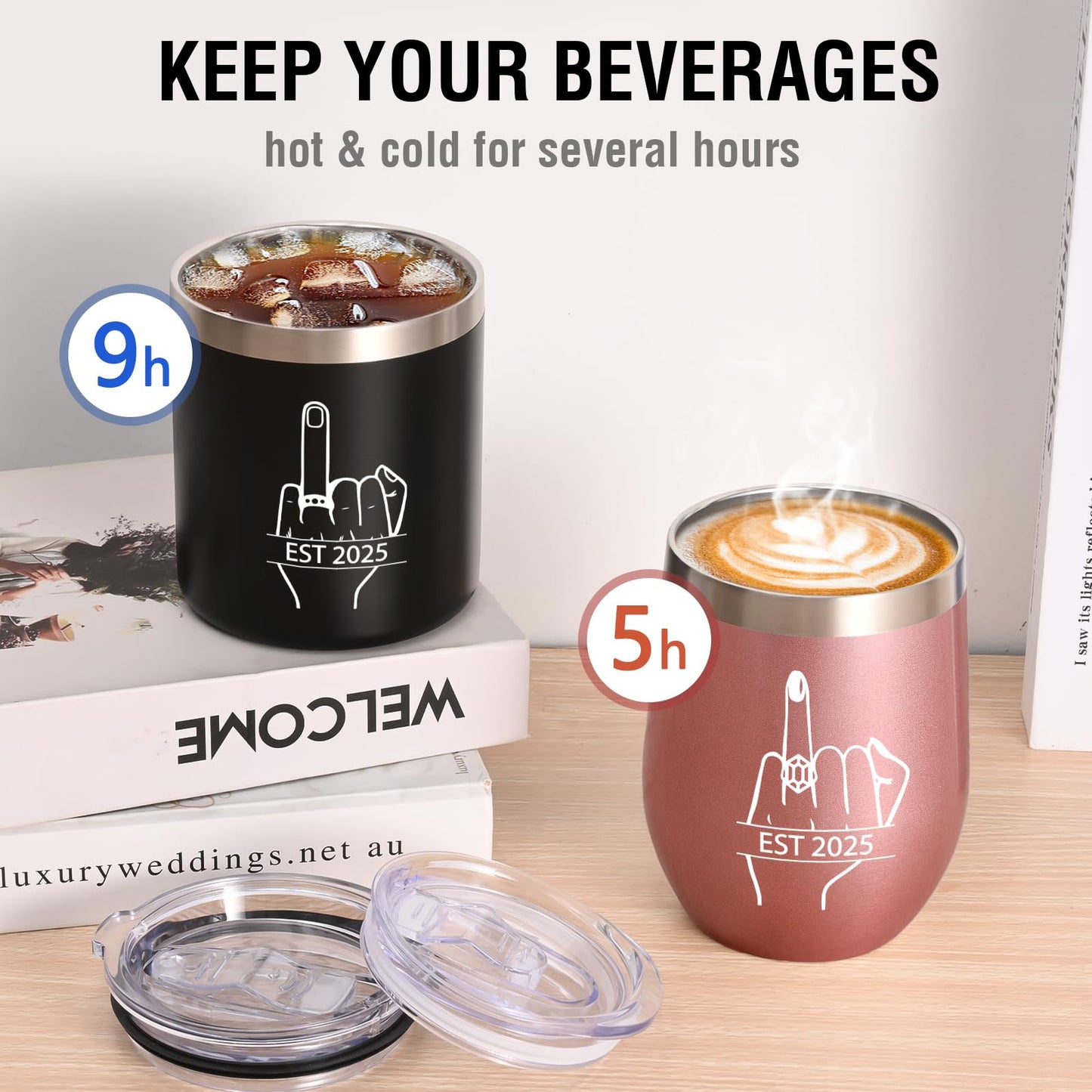 Qtencas Ring Finger EST 2025 Stainless Steel Whiskey & Wine Tumbler Set, Wedding Gift for Couple, Unique Engagement Present for Friends Mr Mrs His Her Just Married, 12oz Black & Rose Gold