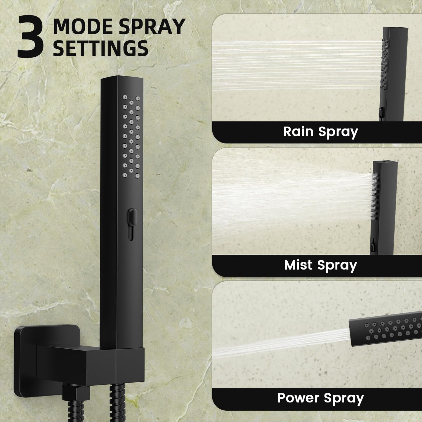 Push Button Diverter Shower Faucet Set Hydro Power Temperature Display, Shower System Ceiling Mounted 10" & Wall Mounted 6" Shower Head with 3-Spary Handheld, Matte Black
