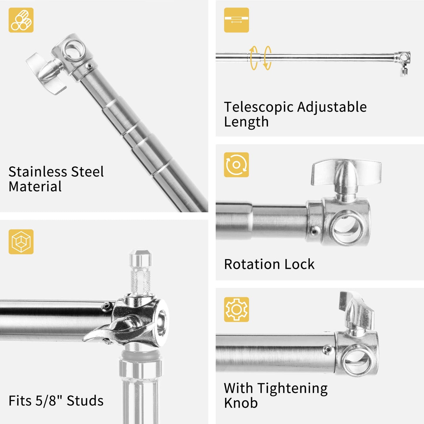 Pro Stainless Steel Telescopic Backdrop Crossbar Max Length 10 ft/3m Adjustable Background Support Cross Arm, Backdrop Pole for C Stand