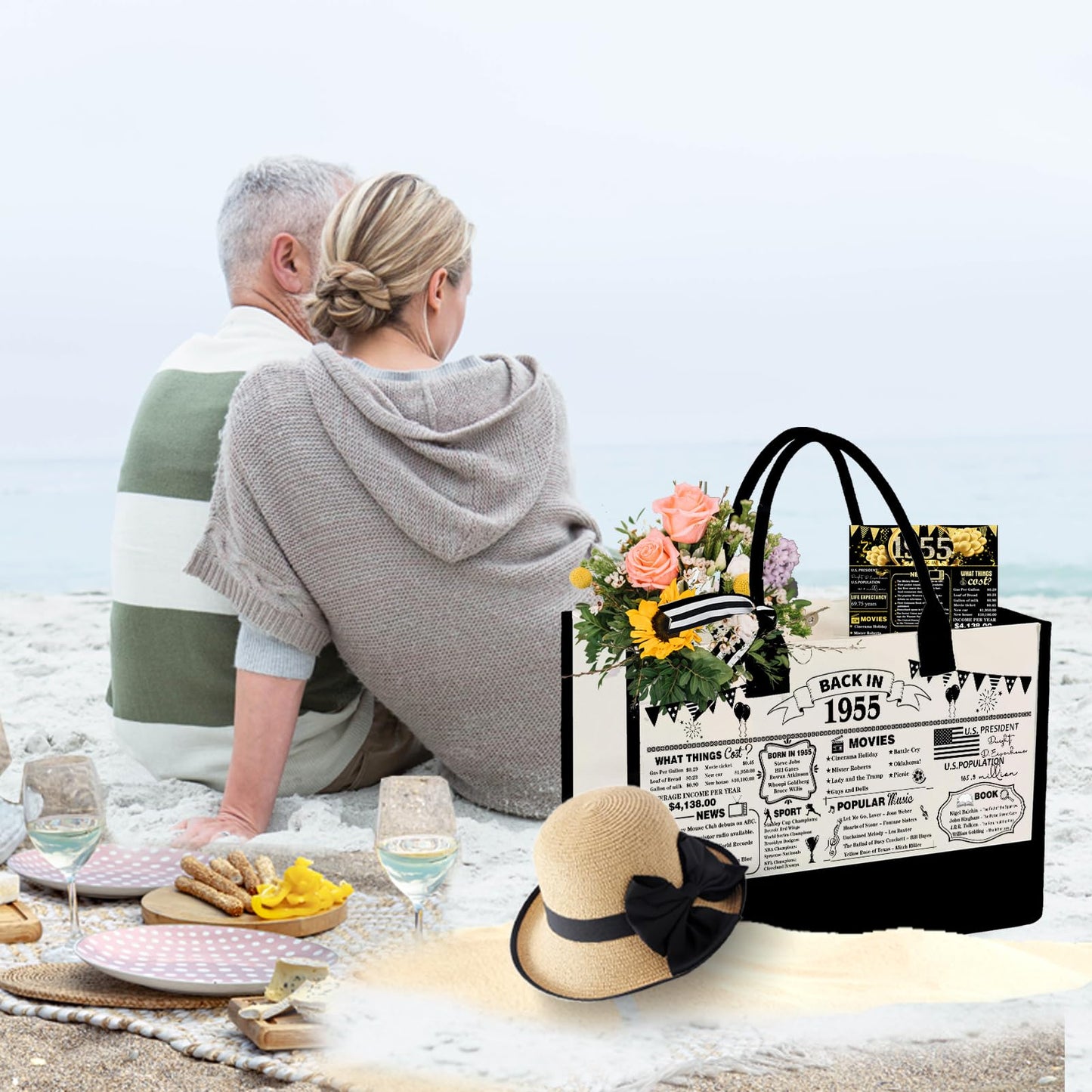 GemsLives 70th Birthday Gift for Women Canvas Tote Bag - Personalized 70 Years Old Gifts for Women/Mom/Aunt/Friends/Wife/Sister,Vintage 1955 Canvas Tote Bag+Cosmetic Bag & Back in 1955 Poster