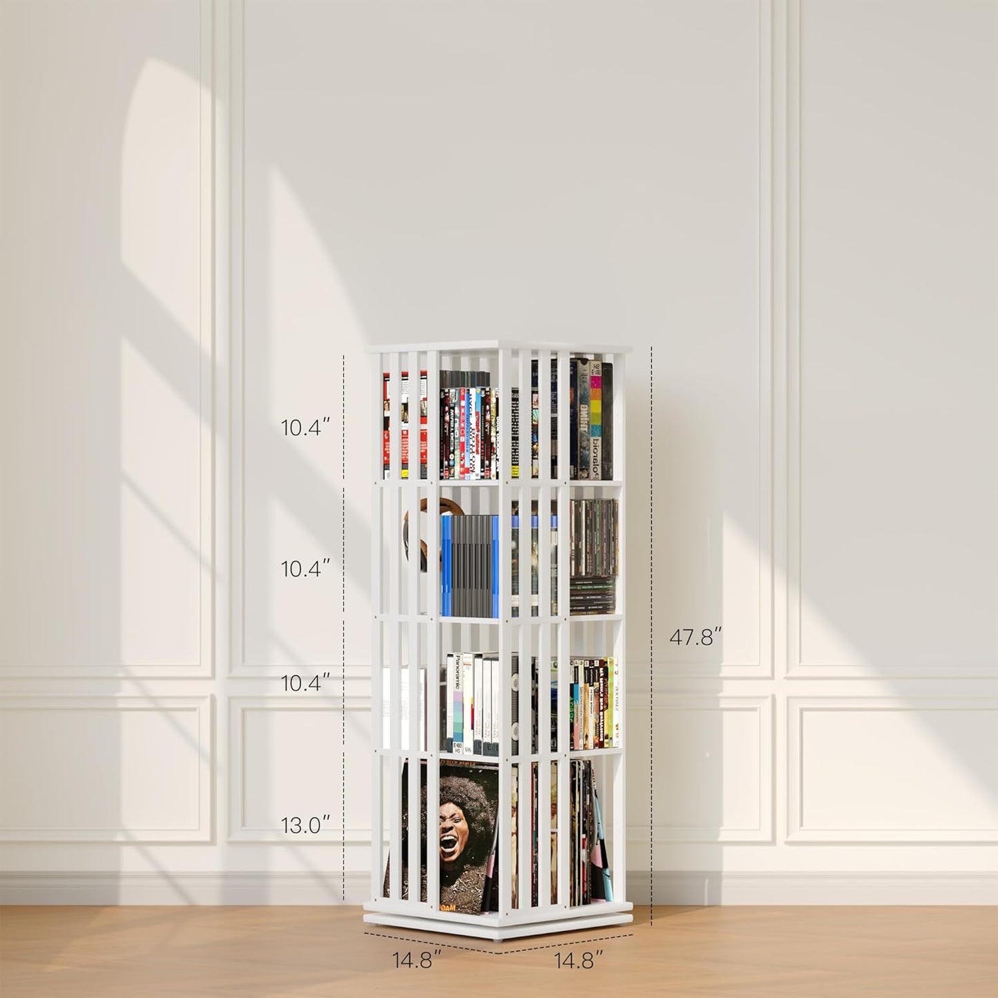 XIMN 360° Rotating Bamboo CD/DVD Shelf - 6-Tier Space-Saving Media Storage Cabinet for Movies, Organizer with Super Compact Design (White, 4 Tier)
