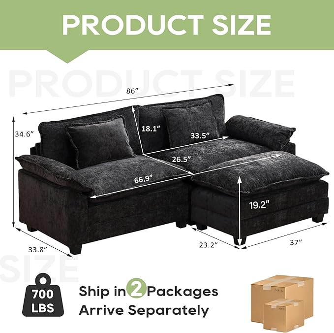 Oprisen 86" Modular Sectional Sofa, Comfy Cloud Couch Sectional Sofa with Ottoman, Chenille Sofa Sleeper Deep Seat Sofa with Throw Pillows for Living Room (Black, 86"- L Shape)
