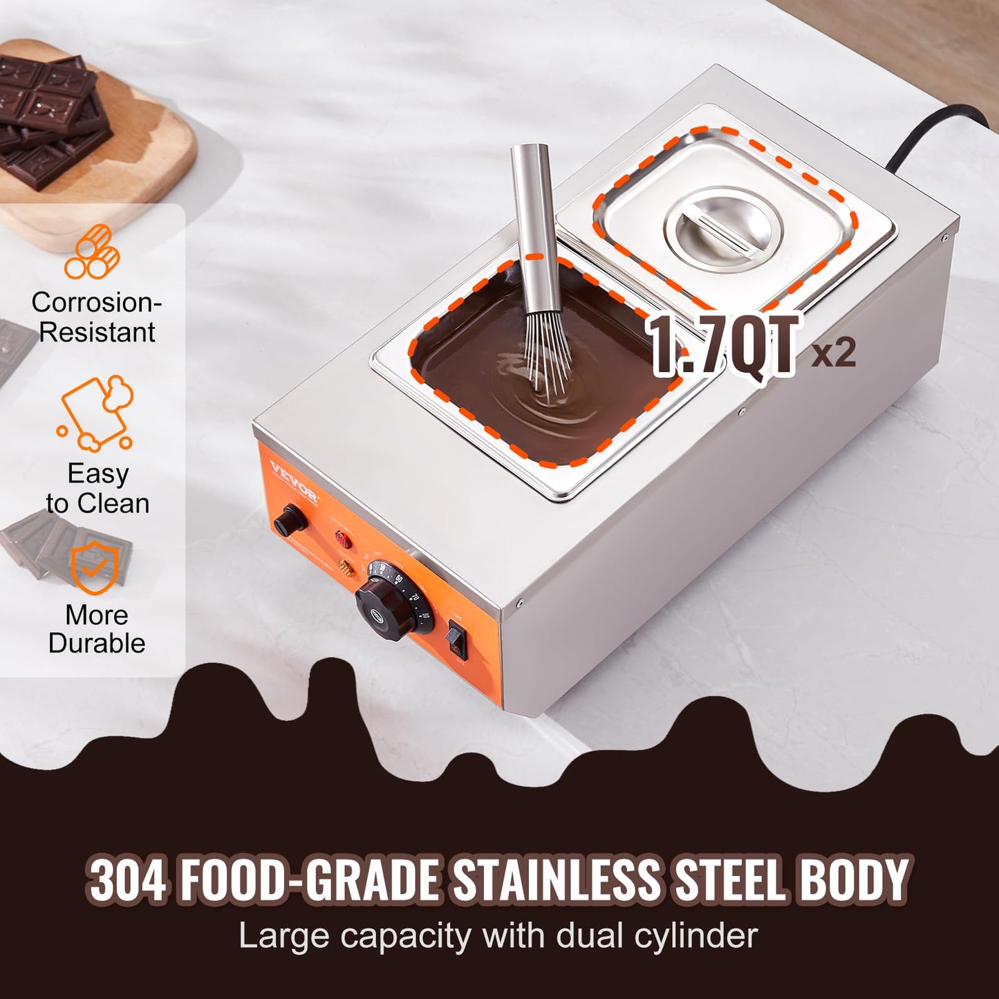 VEVOR Chocolate Tempering Machine, 9 Lbs 2 Tanks Chocolate Melting Pot TEMP Control 86~185℉, 1500W Stainless Steel Electric Commercial Food Warmer For Chocolate/Milk/Cream Melting and Heating