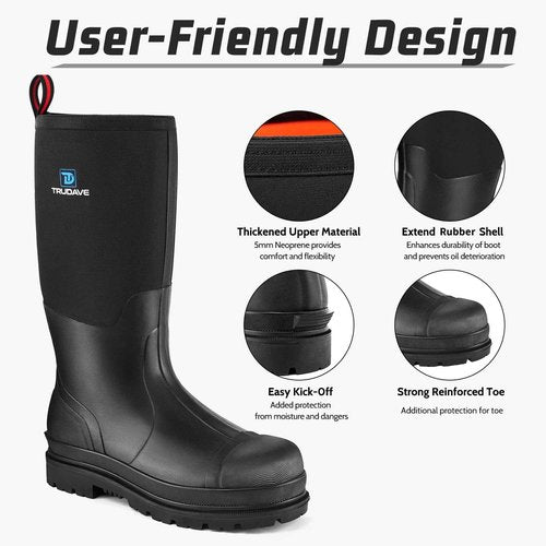 Rubber Work Boots with Steel Shank, Men's Waterproof Rain Boots Anti-slip, 5mm Neoprene Insulated Outdoor Hunting Boots, Durable All Season Knee Boots for Farming Construction Gardening Size 6-21