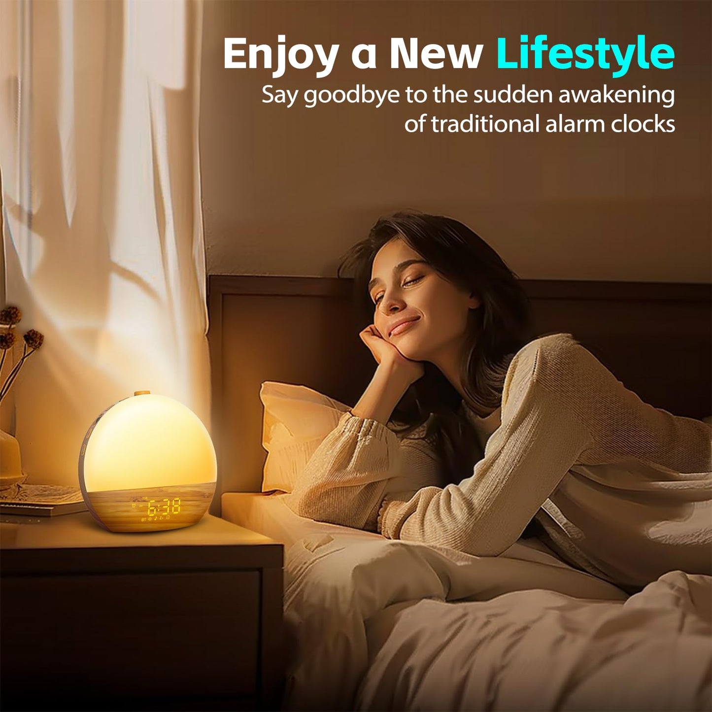 Geuuap Wood Grain White Noise Sound Machine Sunrise Alarm Clock with 25 Soothing Sounds, 17 Dimmable Night Lights, Bluetooth Speaker Wake Up Light alarm clocks for bedrooms, Heavy Sleepers, Baby, Kids