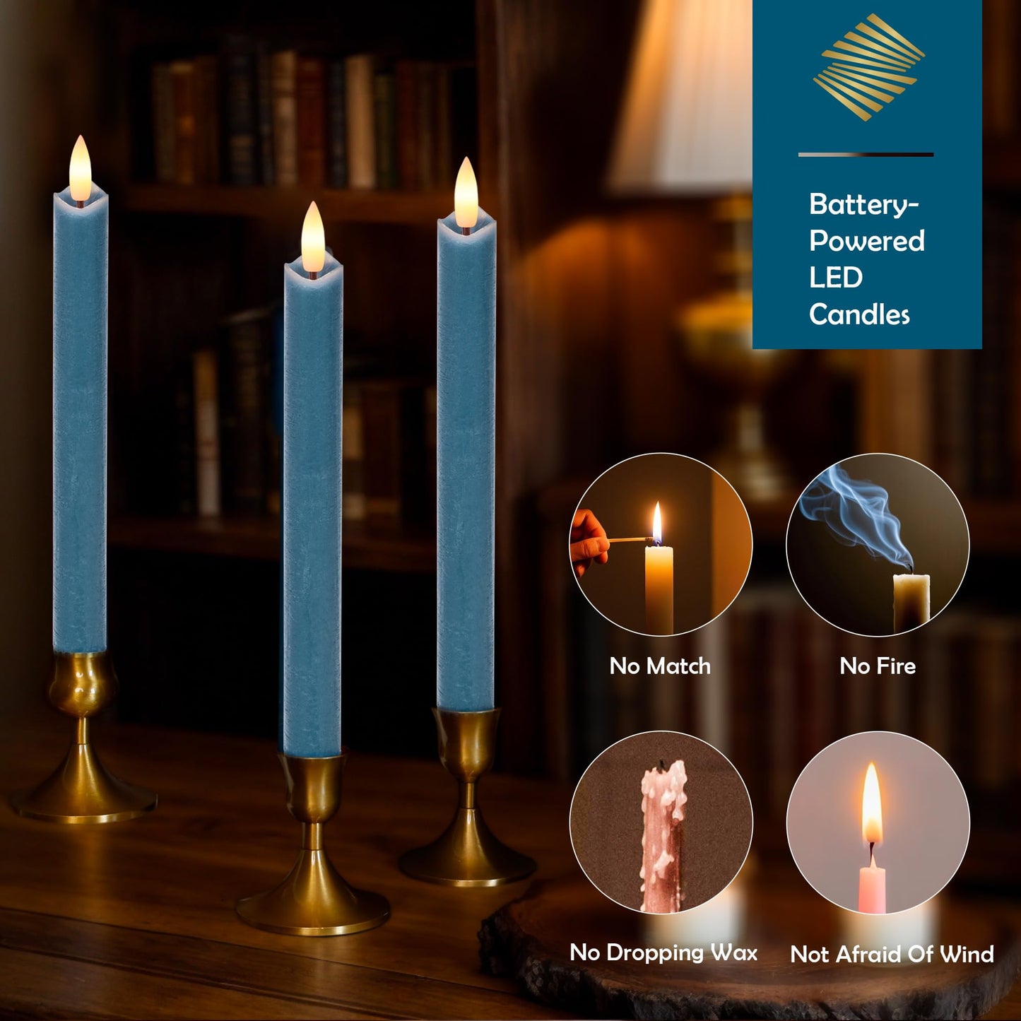 SEHNSY Flameless Taper Candles with Remote, Real Wax Battery Operated LED Candles Set with 3D Flickering Flame, 9.6" Realistic Dripless Candlesticks for Wedding Home Decor, 3 Pack Blue