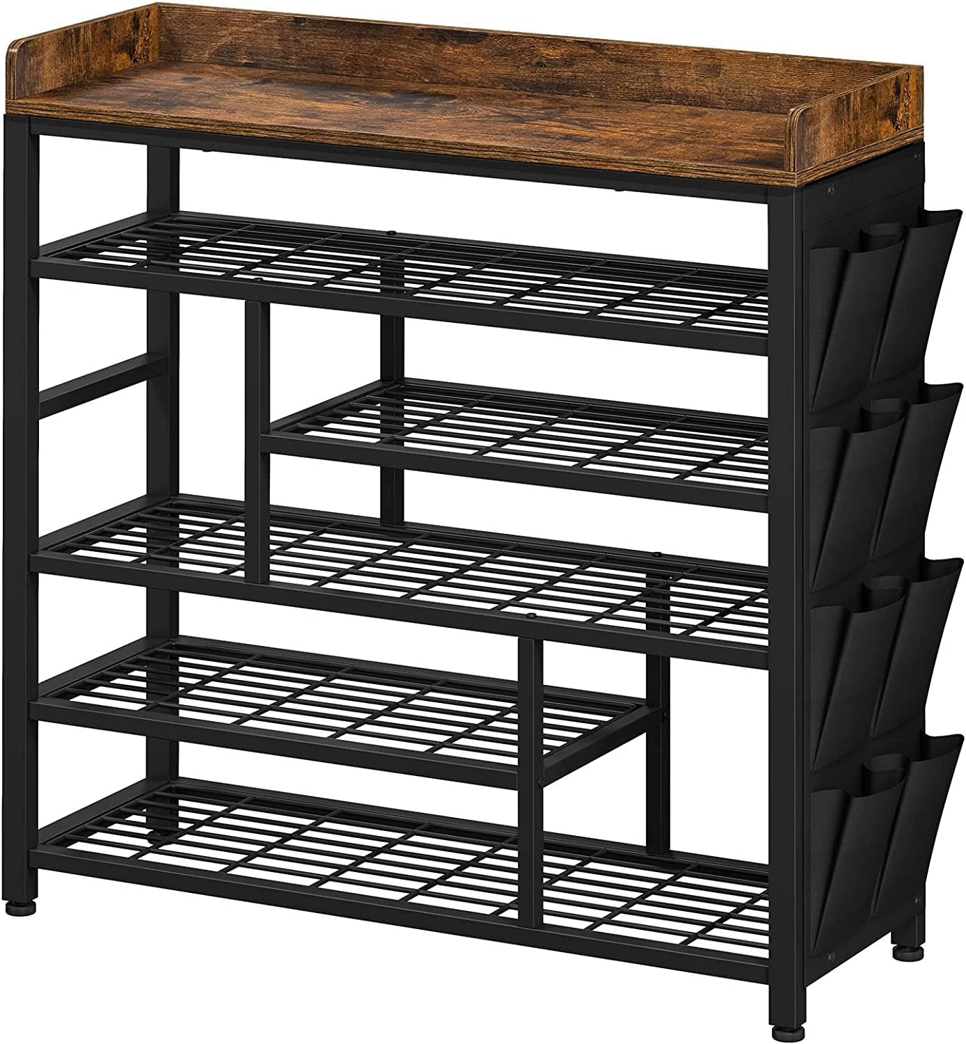 EnHomee Metal Shoe Rack for Entryway, 6 Tier Shoe Storage Organizer Holds 22 Pairs, Wooden Top and Side Pocket for Entry, Entrance, Hallway, Black