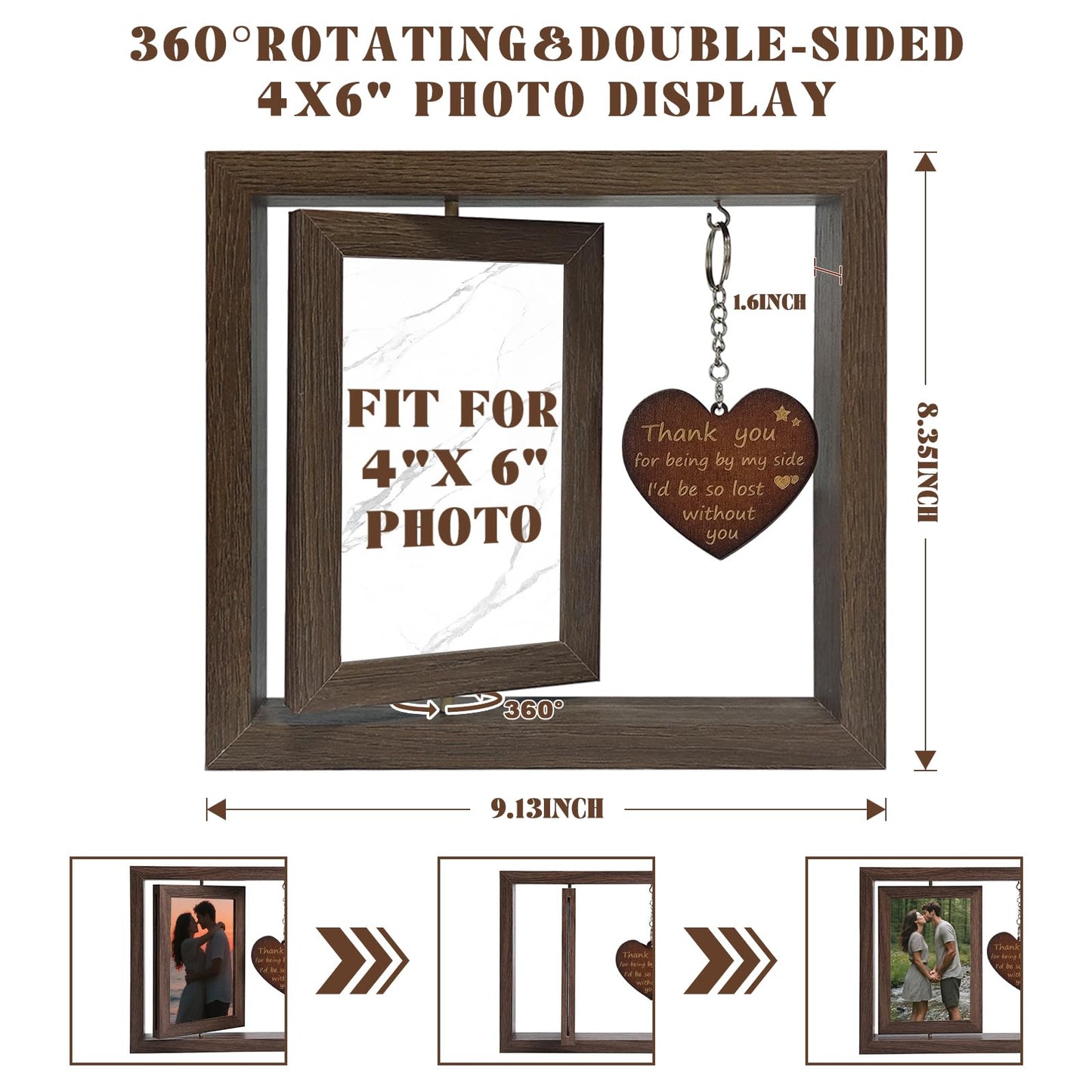 Kinonlus Rotating Photo Frame 4x6 Inch Double-Sided Display for Couples & Parents Gift for Anniversary, Wedding or Family Anniversary Memorial Valentines Thanksgiving Keepsake Decor