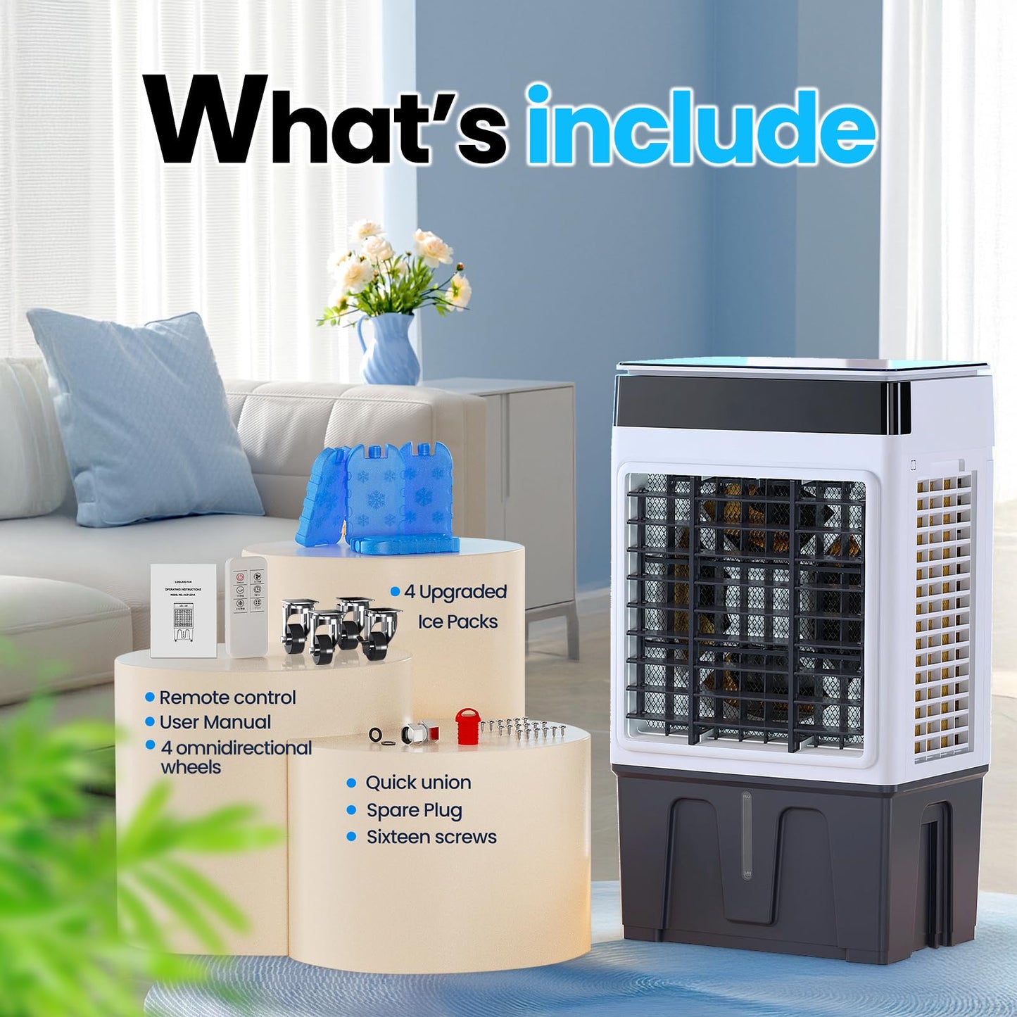 Portable Swamp Cooler Air Conditioner, 4-in-1 Evaporative Air Cooler with 7.5-Gal Tank for 30H Cooling, Dry-Burn Protection, Remote, 12H Timer, 4 Ice Packs, 120° Oscillation for Home Office Garage