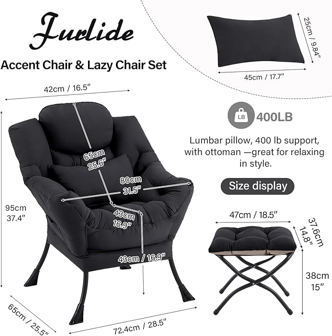 Furlide Lazy Chair with Ottoman, Comfy Fabric Accent Lounge Arm Chair with Lumbar Pillow and Folding Footrest, Reading Leisure Sofa Chair for Bedroom, Living Room, Dorm,Black