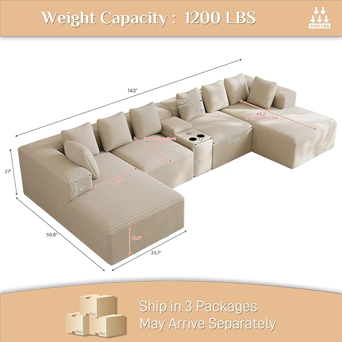 Modular Sectional Sofa with USB Cup Holders Storage, 143" U Shaped Cloud Couch Plush Corduroy Deep Seat Boneless Sofas with Double Chaise Lounge Memory Foam Couches for Living Room - Beige White