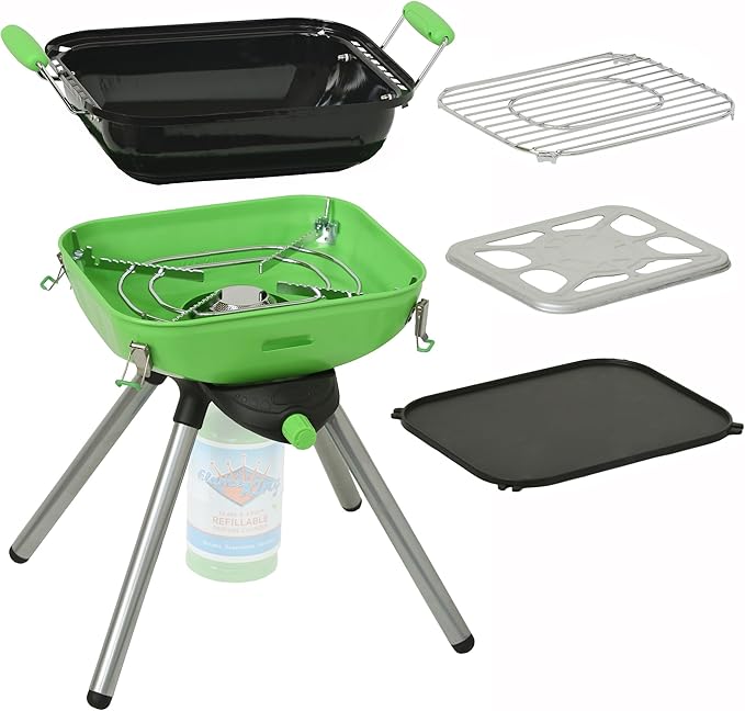 Flame King YSNVT-301 Multi-Function Portable Propane BBQ Grill Camp Stove, 8000 BTU 9.5 x 12 Inch Cooking Surface, Light G...