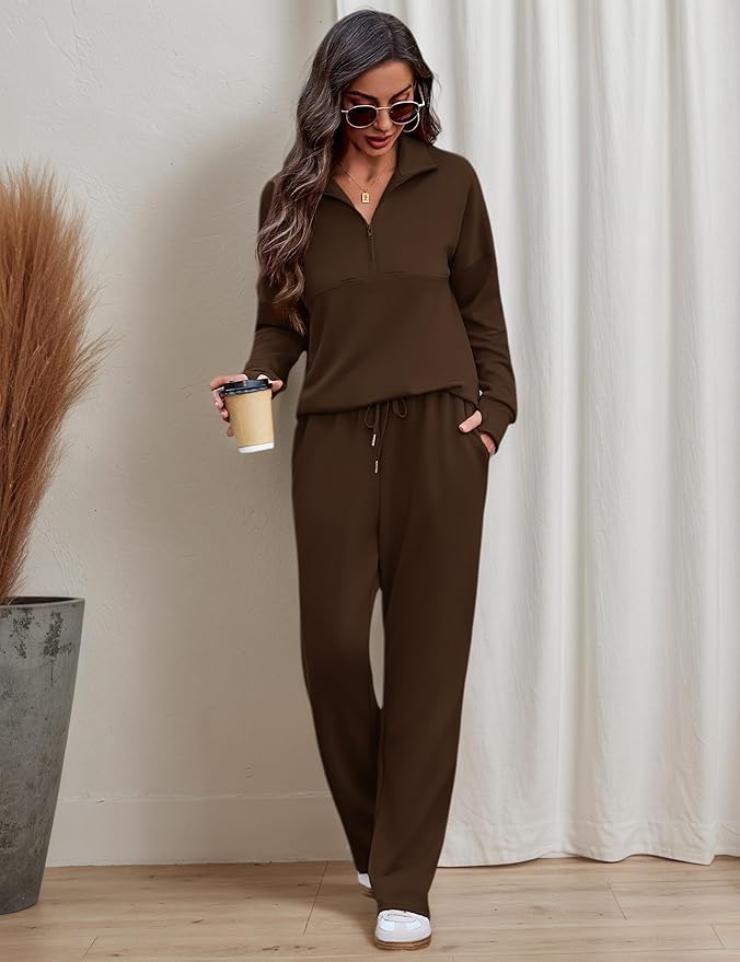 Totatuit Womens Sweatsuits 2 piece Set Lapel Half Zip Lightweight Sweatshirts and Wide Leg Pants Tracksuit Lounge Sets