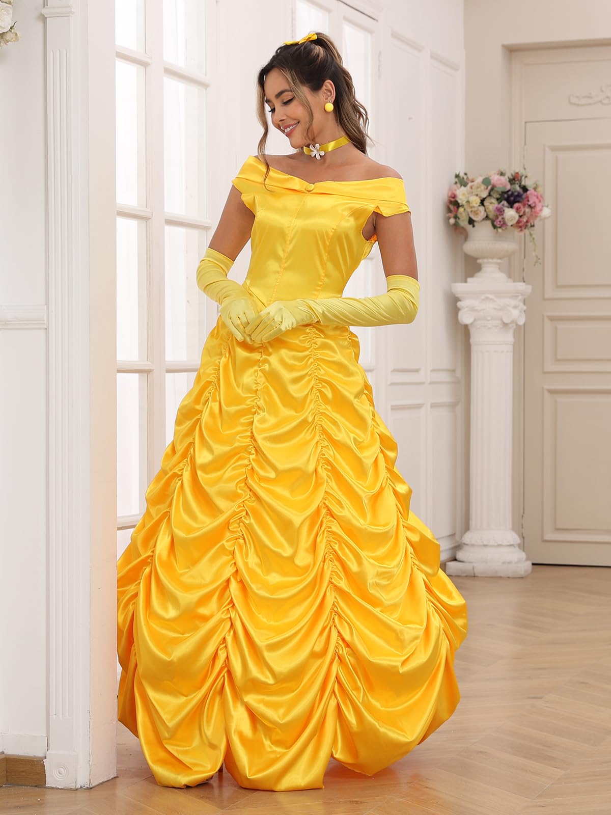 Poboola Belle Costume Women Adult Princess Costumes Halloween Cosplay Party Yellow Dress Long Dress Gown Beauty Outfit L