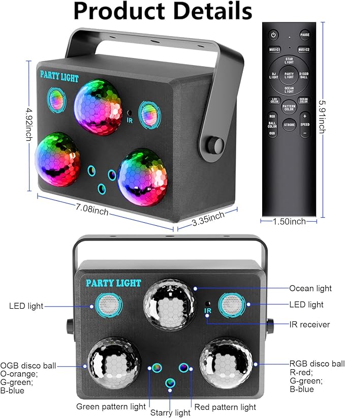 Party Lights,Disco DJ Strobe Light Stage Disco Ball Projector Effect Rave Dance Club Light Sound Activated with Remote Control for Parties Home Show KTV Pub Dance Karaoke Christmas
