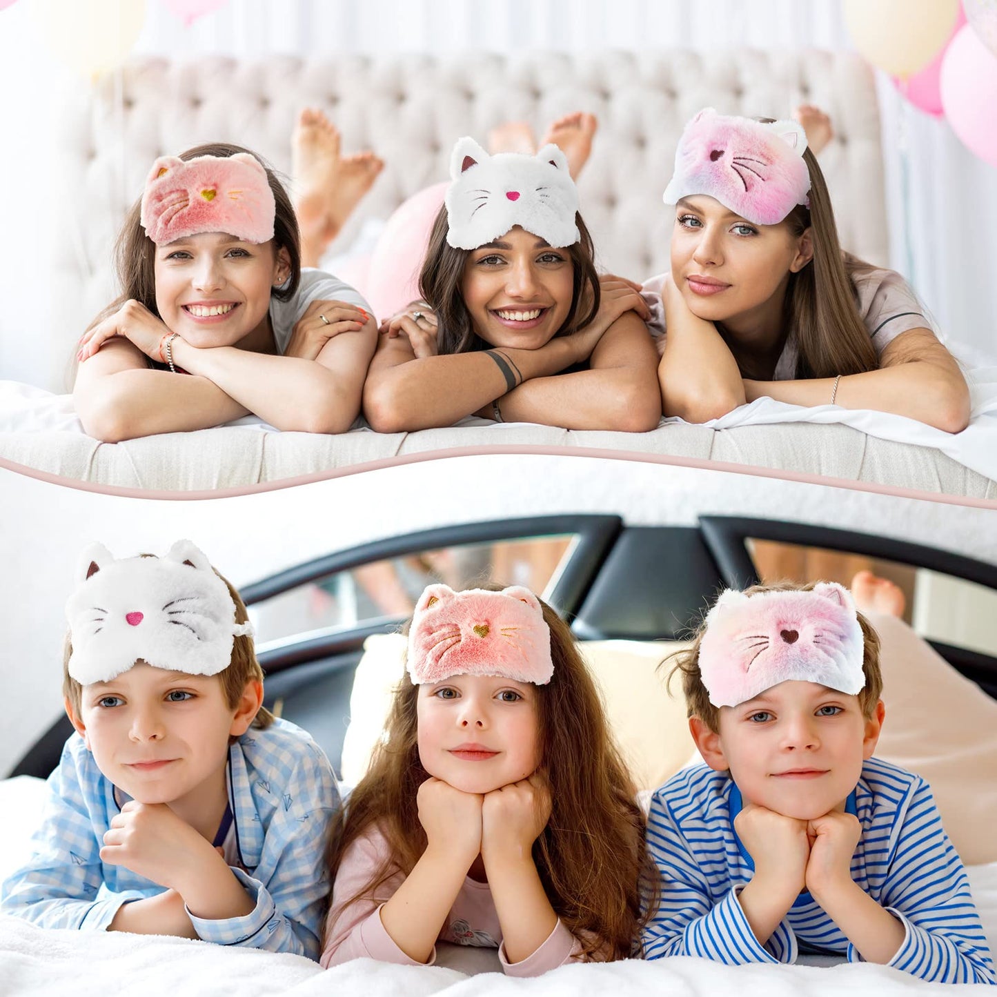 3 Pieces Sleep Mask for Kids, Girls Plush Sleeping Eye Cover Soft Eye Blindfold Cover Animal Shade for Kids(White, Pink and Rainbow Color,Cat Style)