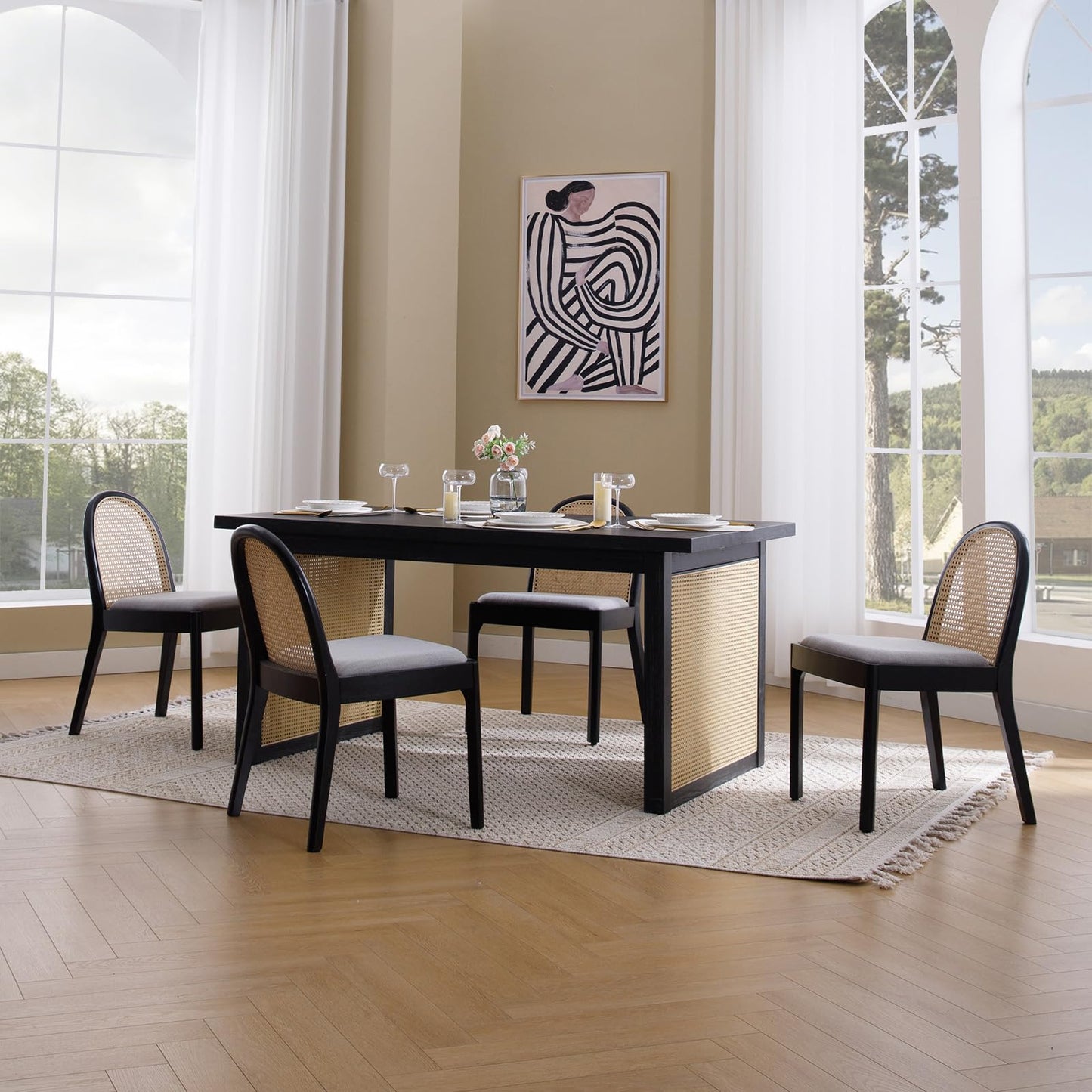 DAYALANE Rattan Dining Chairs Set of 4, Modern Dining Room Chairs with Cane Back Comfy Accent Kitchen Chair Upholstered Linen Fabric Chair for Restaurant/Living Room, Grey