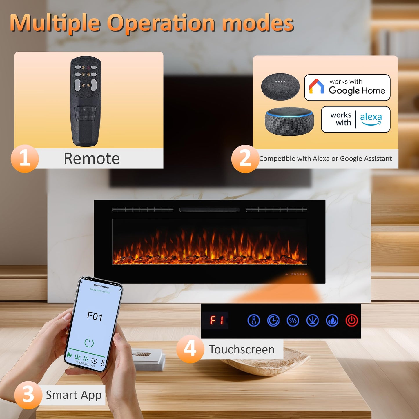 Dreamflame Electric Fireplace 36inches, Wall-Mounted & Recessed Fireplace Inserts, Multicolor Flame w/5 Dimmer, Remote Control Thermostat, Timer, Overheating Protection, Hardwire Connect, 1500W,Black