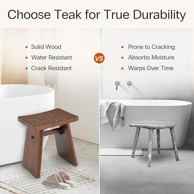 StrongTek Teak Shower Stool, 18-Inch Solid Teak Wood Bath Seat Bench for Bathroom, Spa & Home, Ergonomic Curved Seat, Water-Resistant, 350 lbs Capacity, Stable Structure & Smooth Finish, Dark Brown