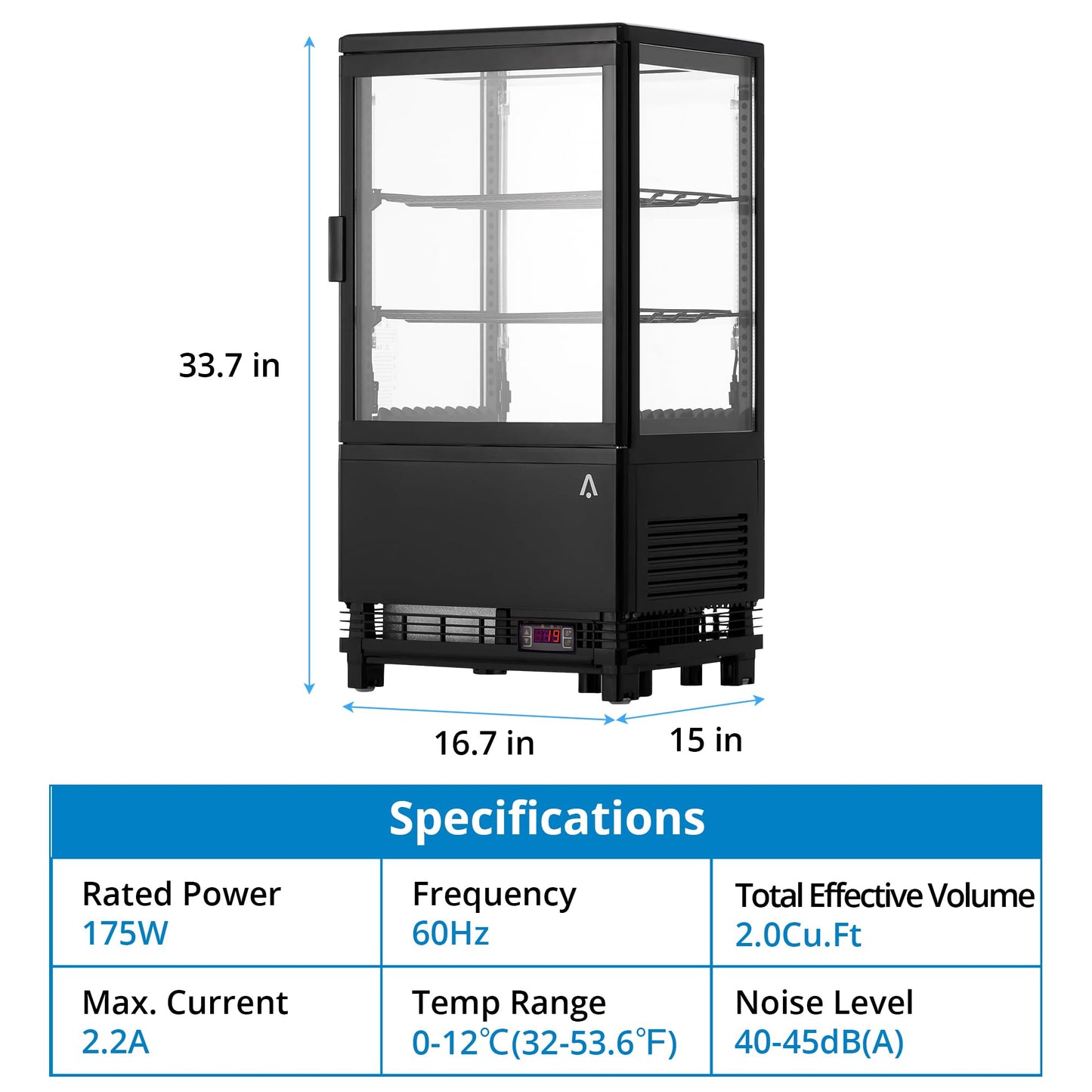2.1 Cu.FT Refrigerator Display Case Commercial, Commercial Single-Door Display Fridge with Interior LED Lighting, Double-Layered Glass Commercial Countertop Bakery Display Refrigerator, Display Case