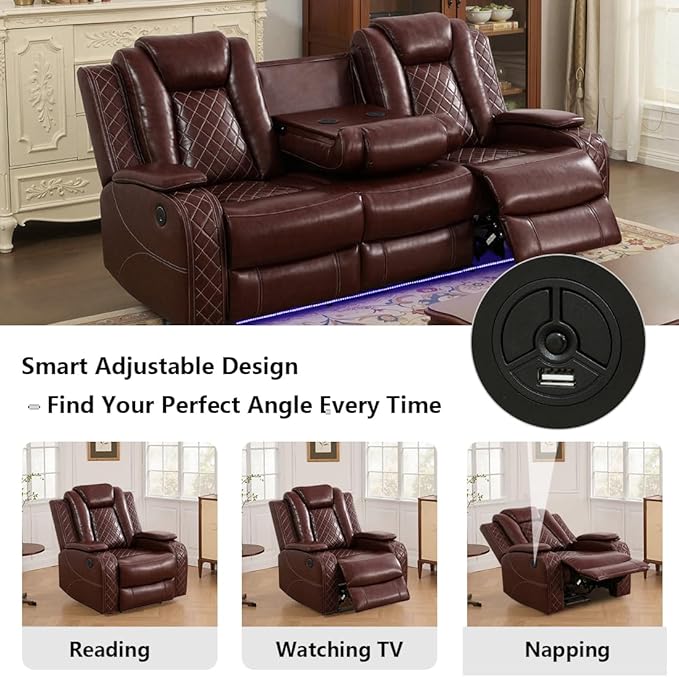 Toseslo Power Leather Recliner Sofa Set with LED Light, Brown Leather Sectional Sofa Set, Living Room Furniture Sets, Modern Power Reclining Sets with Storage Console for Living Room