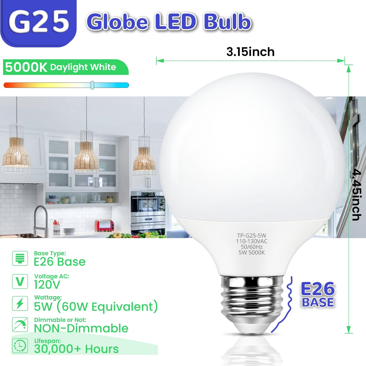 MAXvolador G25 LED Globe Light Bulbs 60W Equivalent, Daylight White 5000K Bathroom Vanity Round Bulb, 500LM E26 LED for Makeup Mirror, Non-Dimmable 4 Pack