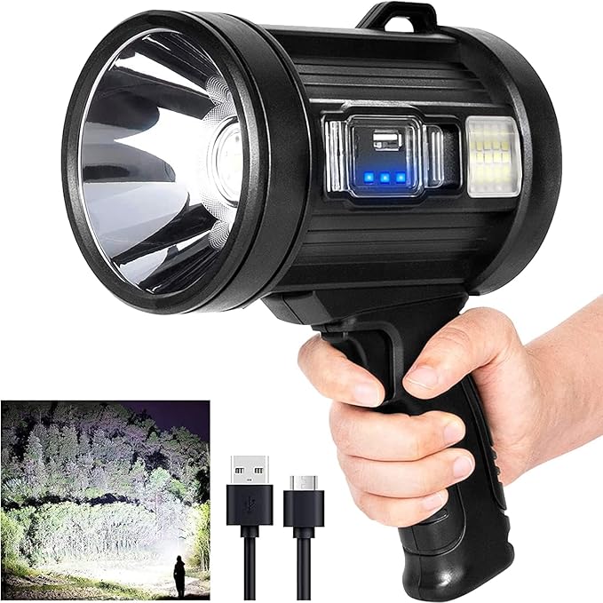 MIXILIN Rechargeable Spotlight, 90,000 Lumens Handheld Hunting Flashlight Led Spot Light with Cob Light and Solar Panels, ...