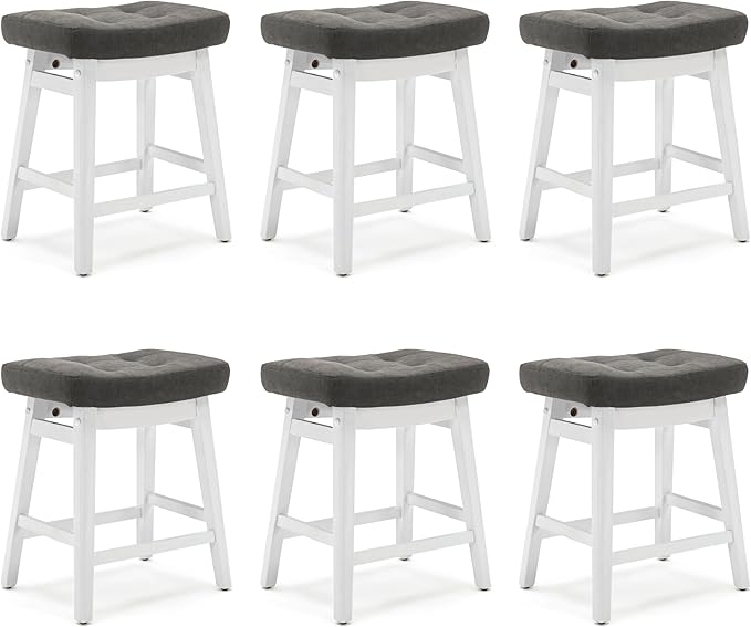 RNKSFX Counter Height Bar Stools Set of 6 for Kitchen Counter Farmhouse Modern Barstools with Faux Leather Upholstered Backless Seat and Solid Wood Legs 24 inch Bar Chairs, Grey + White