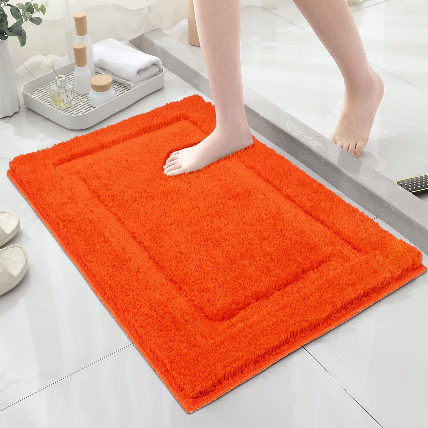 SHACOS Super Soft Bathroom Rugs Set of 2 Pieces 20x32 + 16x24 inch Non Slip Bath Rugs Microfiber Washable Absorbent Bath Mats Plush Bathroom Carpet, Orange