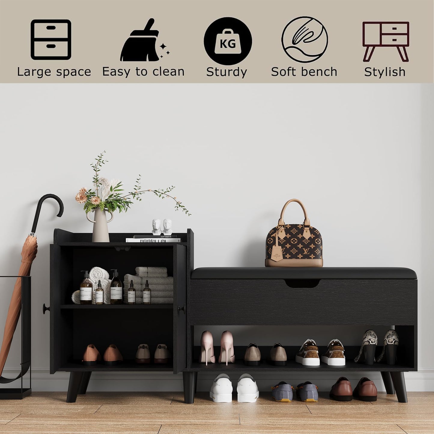 ZOPEND 50" Entryway Shoe Bench with Hidden Storage,Shoe Organizer Storage Bench with Shelf and Cabinet Entryway Bench for Bedroom Living Room and Hallway