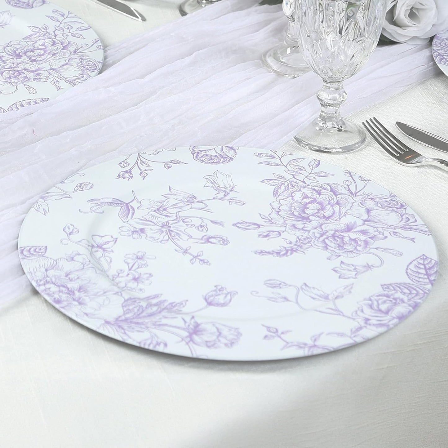 Efavormart 6 Pack Floral Acrylic Charger Plates in French Toile Pattern, Matte Lavender and White Round Dinner Charger Event Tabletop Decor - 13"