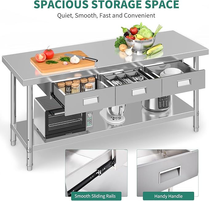 YITAHOME 72" X 24" Stainless Steel Table with 3 Drawers, NSF Work Table with Drawer, Metal Table Prep Table for Home Kitchen Restaurant Garage Warehouse